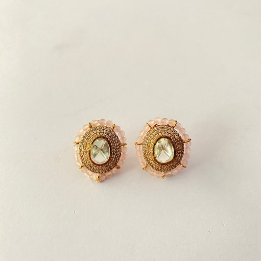 Polki Gold Plated Rose Quartz Stud