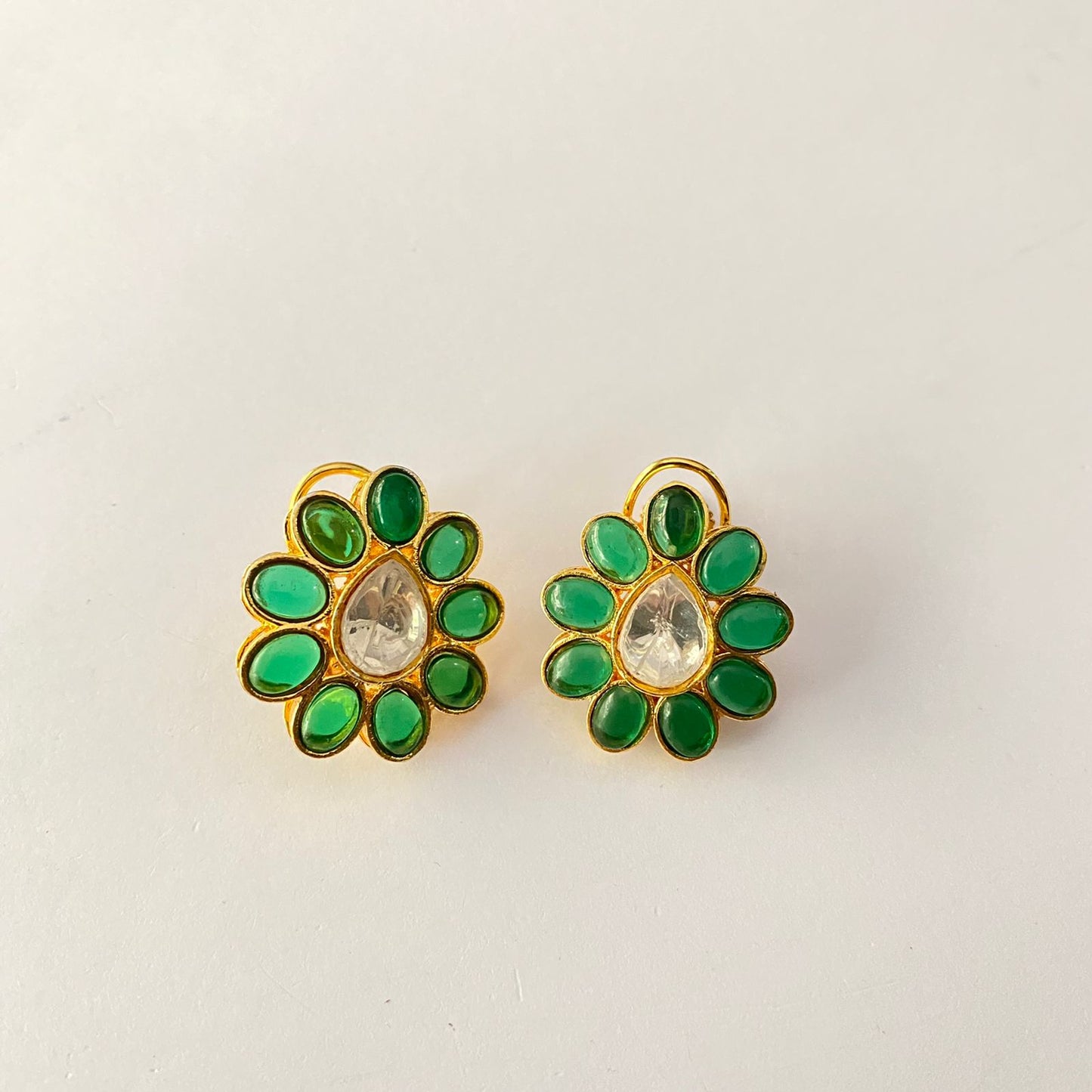 Gold Plated Green Polki With Back Clip Stud