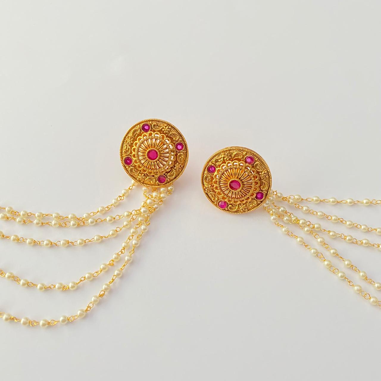 Gold Plated Ruby Pearl four layer Ear Chain Earring