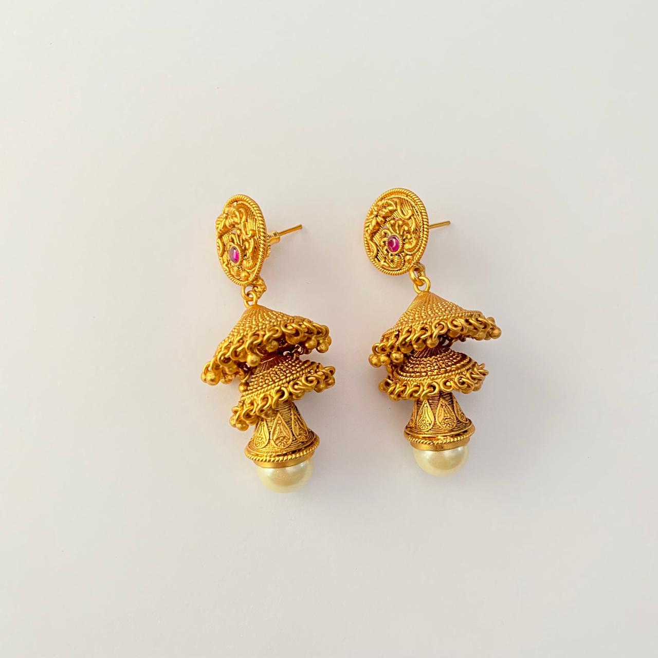 Gold Plated With pearl Traditional Jhumka Earring