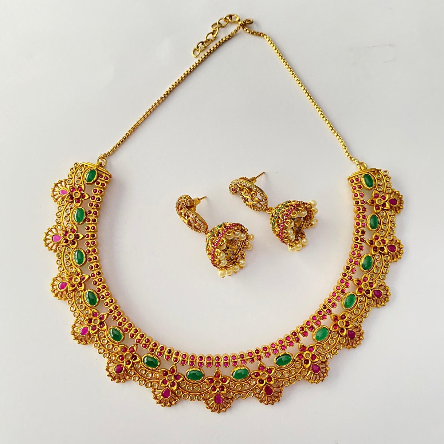 Gold Plated Ruby Emerald sleek necklace set