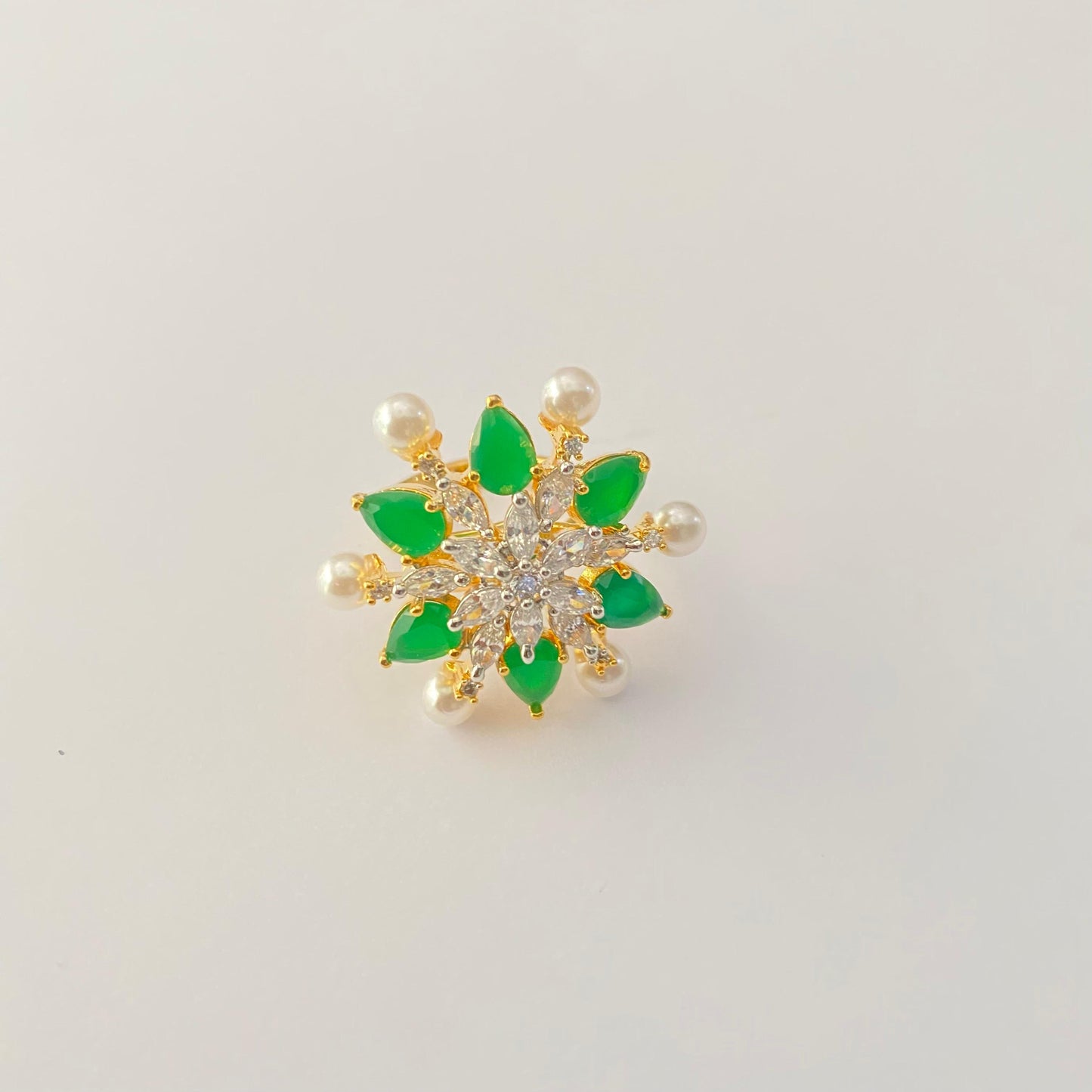 Floral Green Stone Gold Plated Adjustable Ring