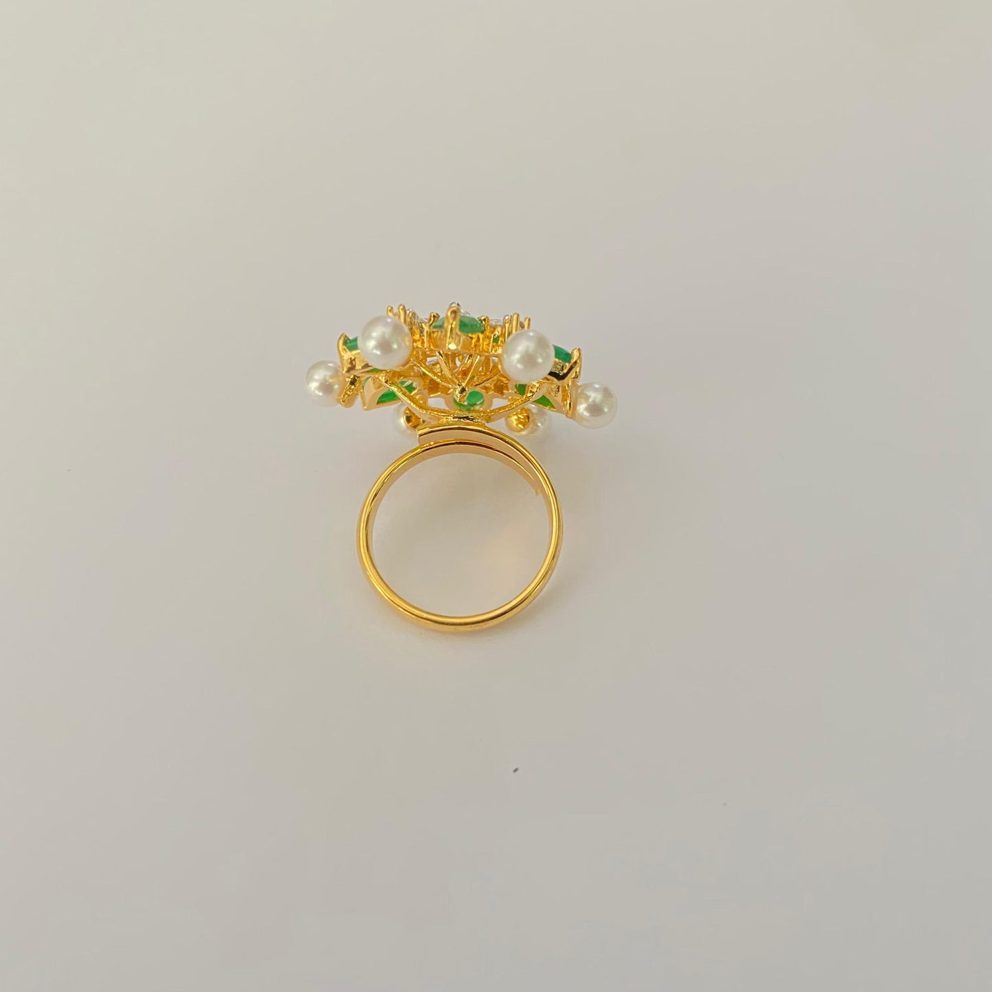 Floral Green Stone Gold Plated Adjustable Ring