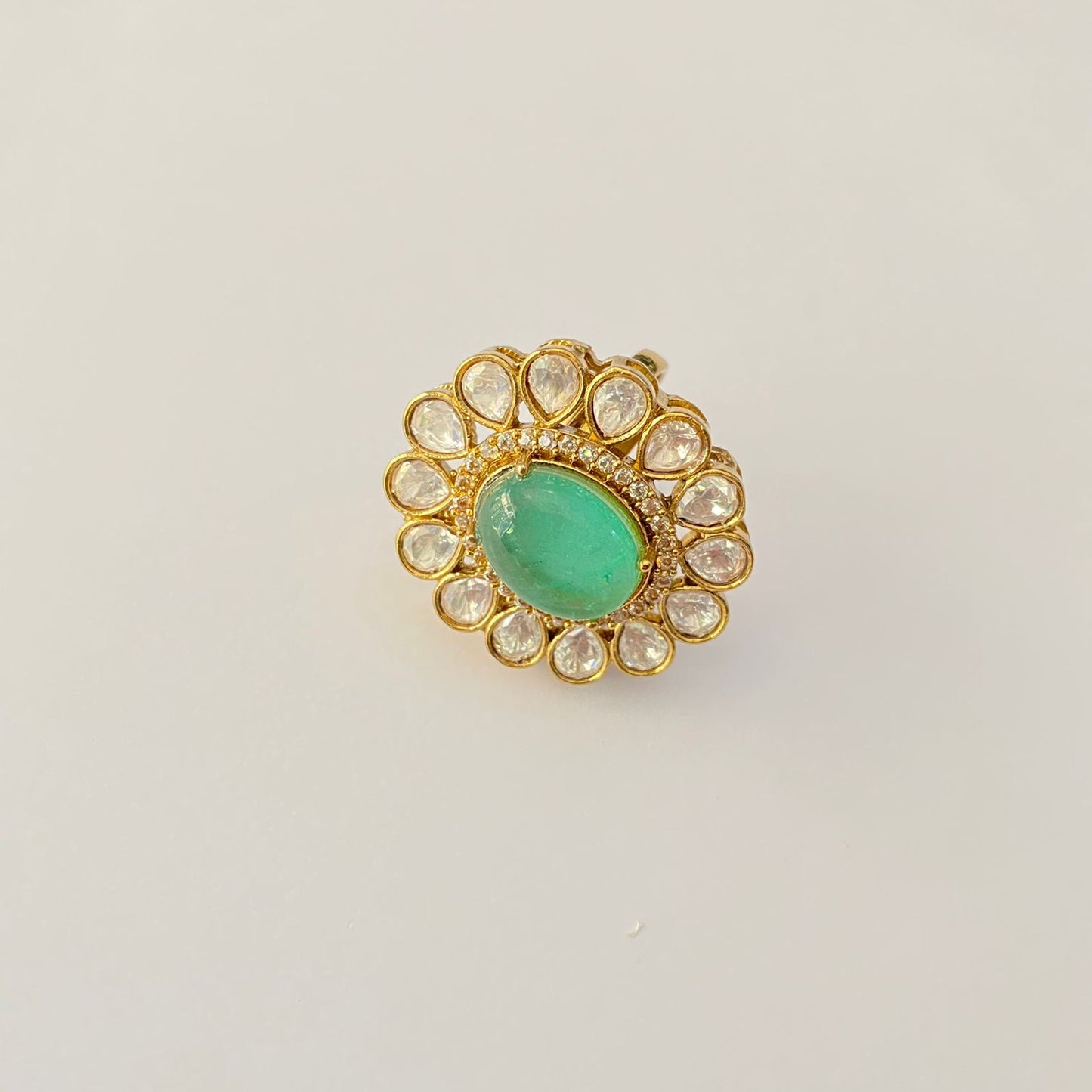 Polki mint green gold plated adjustable ring