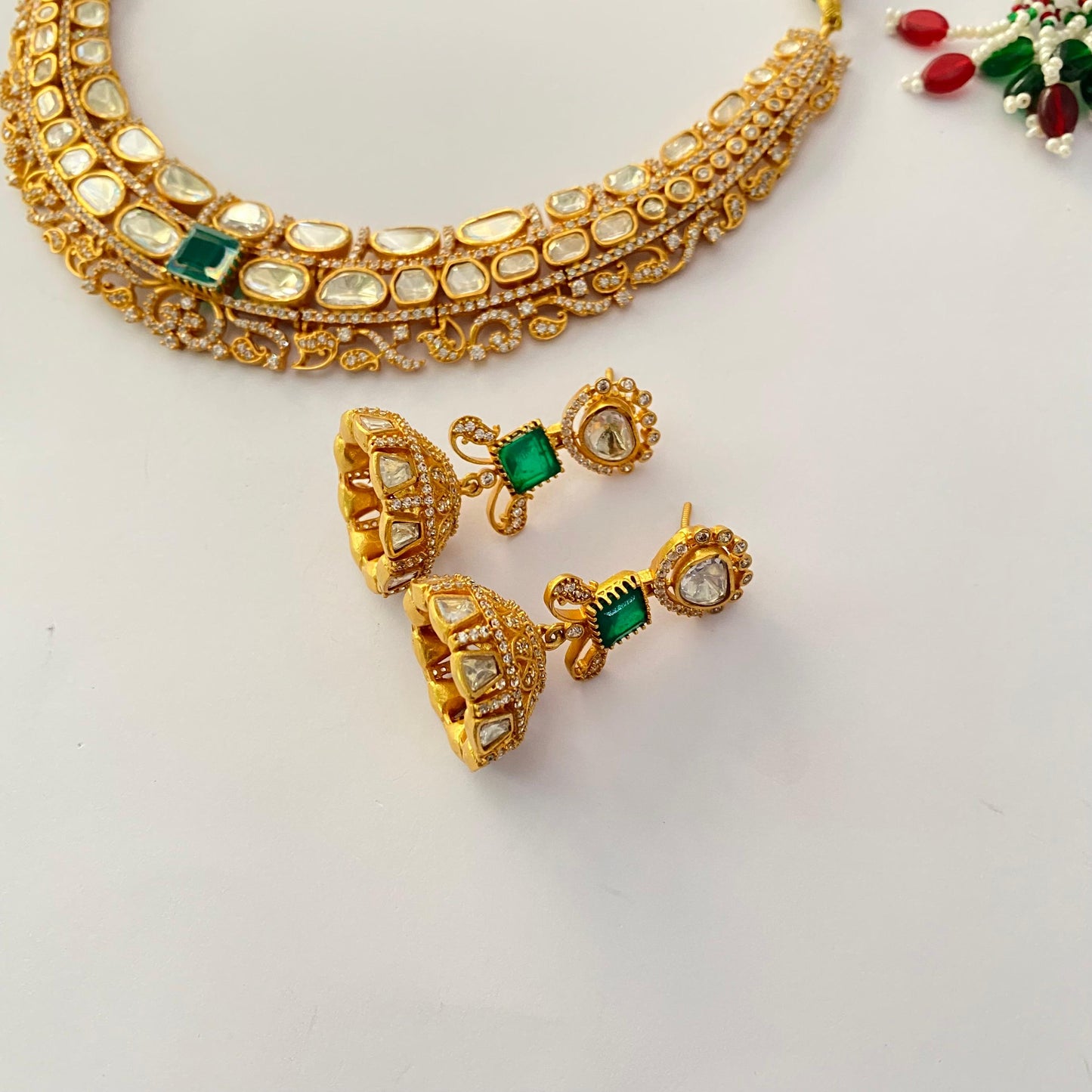 Gold Plated kundan green with diamond necklace set