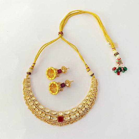 Gold Plated kundan ruby with diamond necklace set.