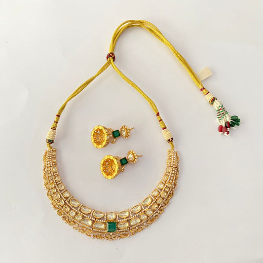 Gold Plated kundan green with diamond necklace set