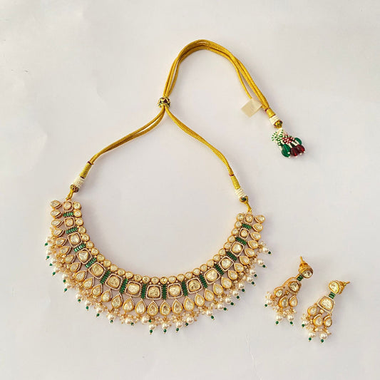 Gold Plated kundan green necklace set