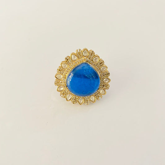 Antique Gold Kundan Blue stone adjustable Ring