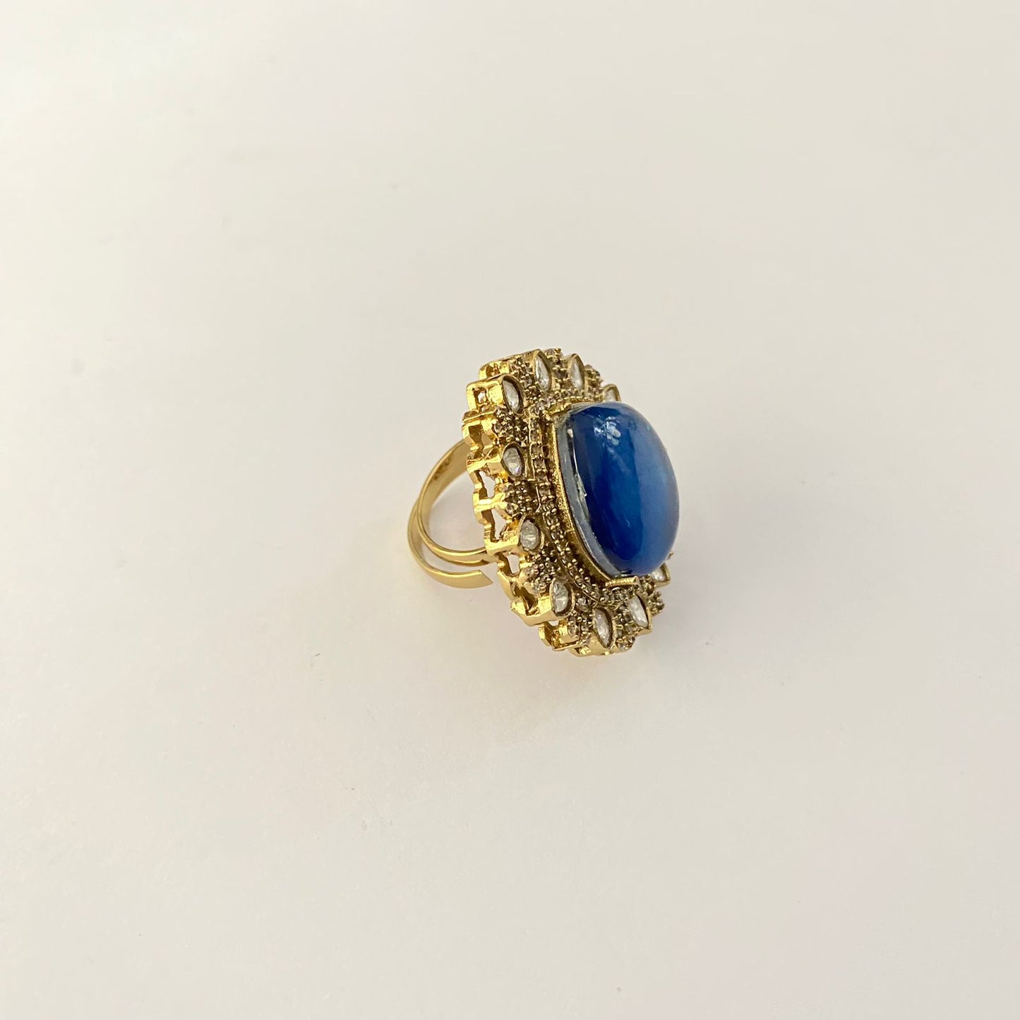 Antique Gold Kundan Blue stone adjustable Ring
