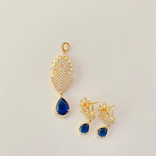 Gold plated A.D with Blue drop stone Pendant set