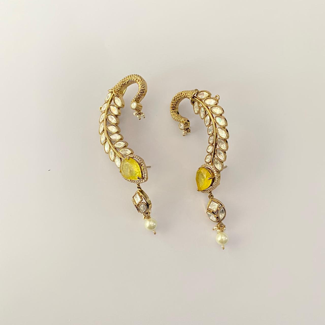 Yellow topaz polki leave design stylist ear cuff Earring