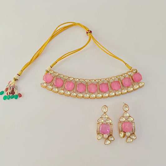Rose quatrz  polki gold plated Choker Necklace set