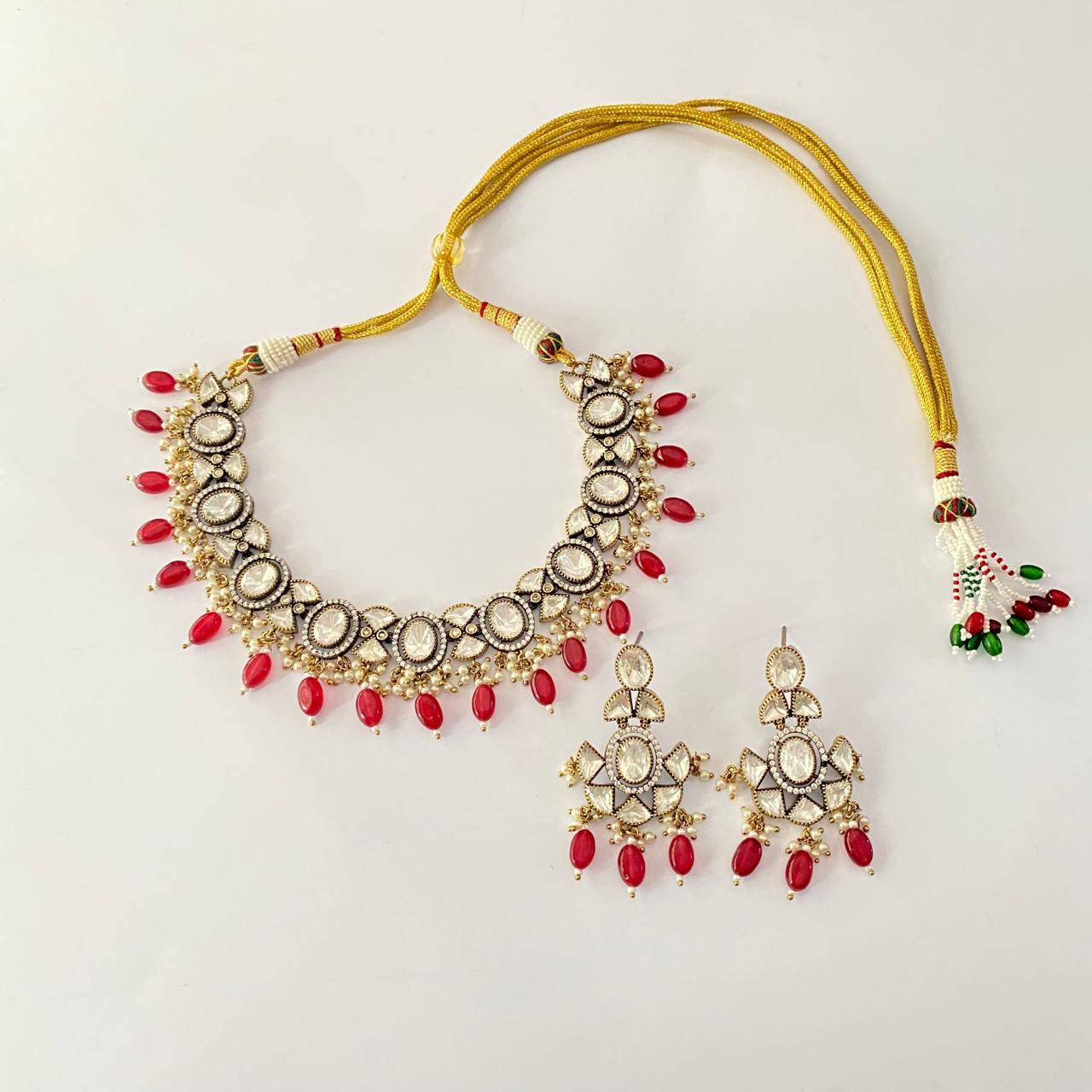 Polki anti tanis gold plated with drop ruby Necklace Set