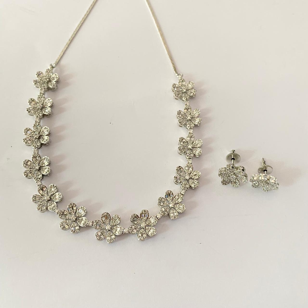silver plated diamond flower design Necklace set for women