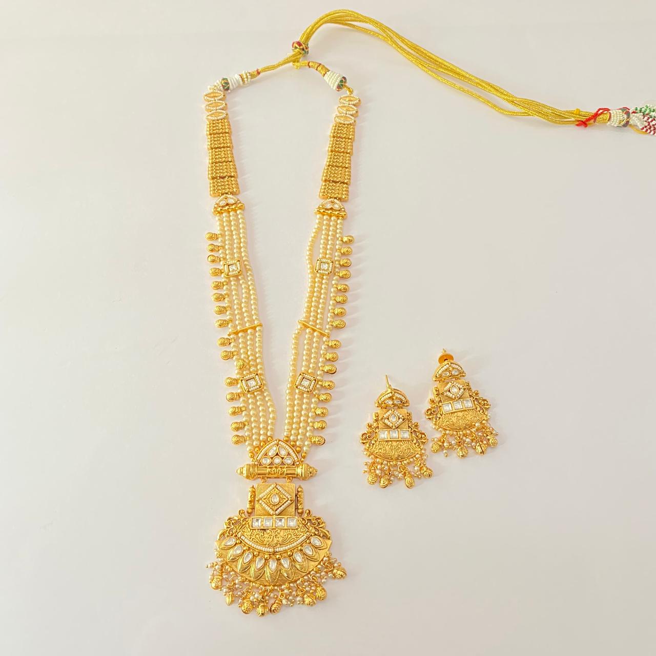 Gold Plated Temple with pearl long Necklace Set