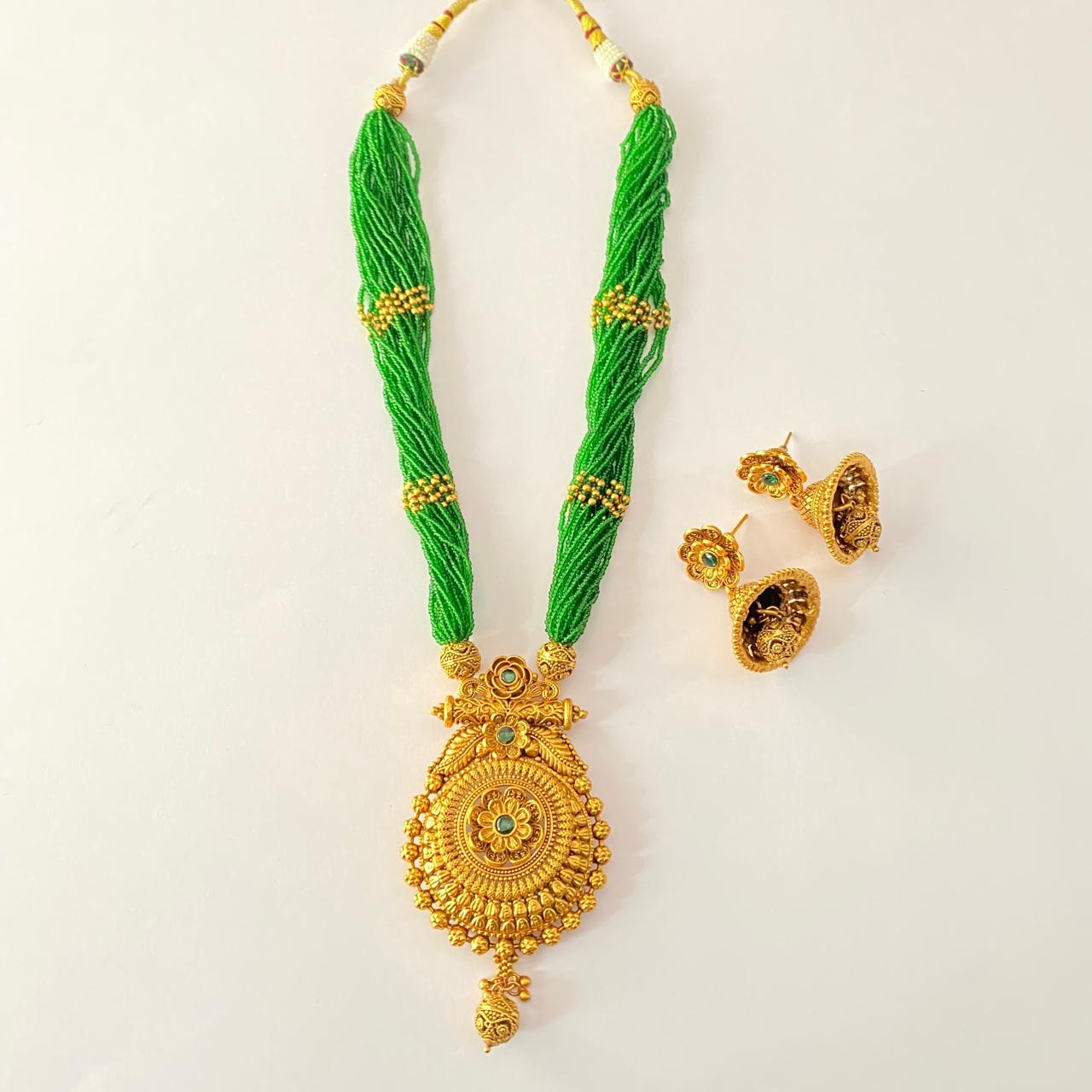 Gold Plated Temple with emerald string long Necklace Set