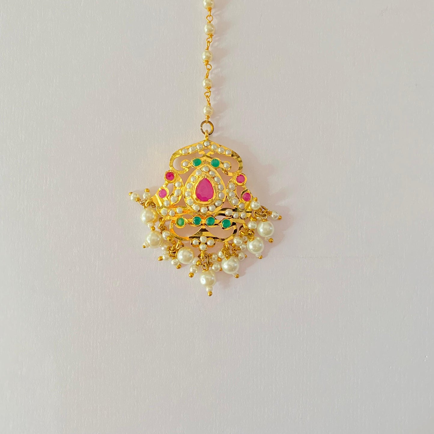 Jadau Mangtika Green and Ruby with Pearl