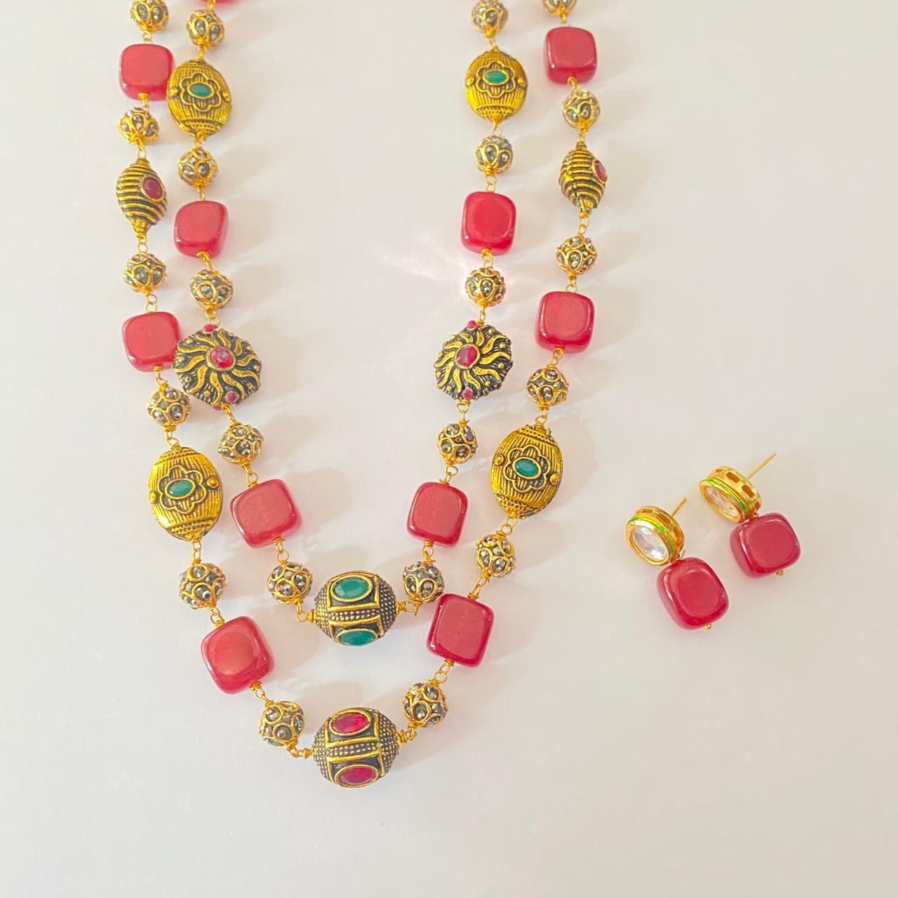 Ruby with Golden beads western Necklace set
