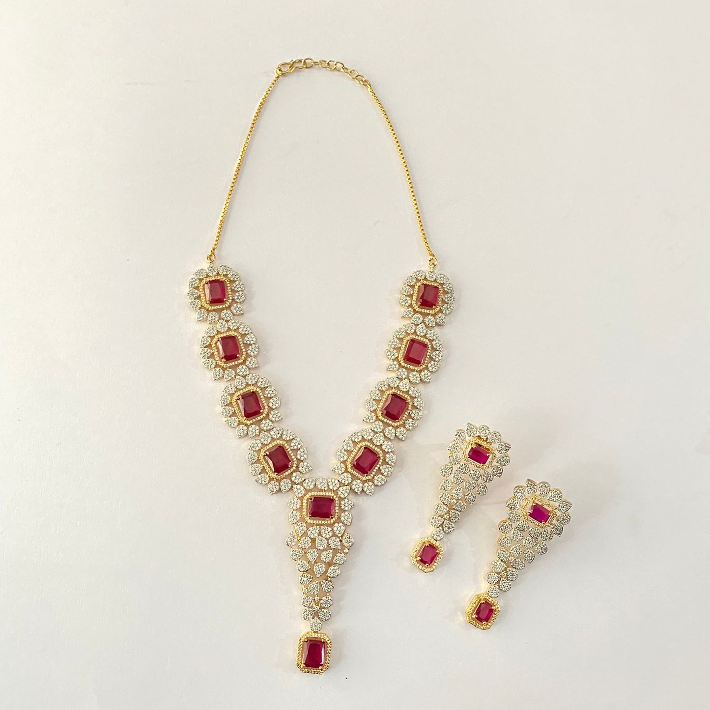 Ruby diamond Gold plated long necklace Set