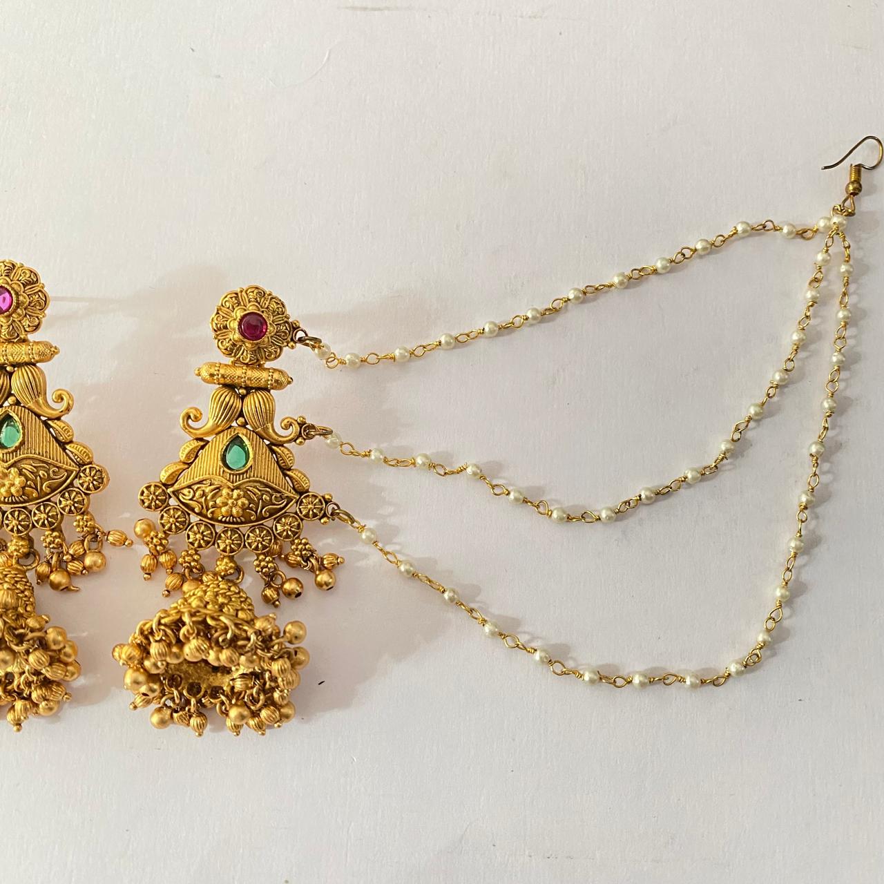 Gold plated jhumka with pearl kaan chain