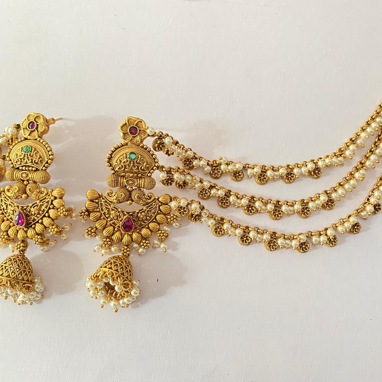 Gold plated jhumka with pearl three layer kaan chain