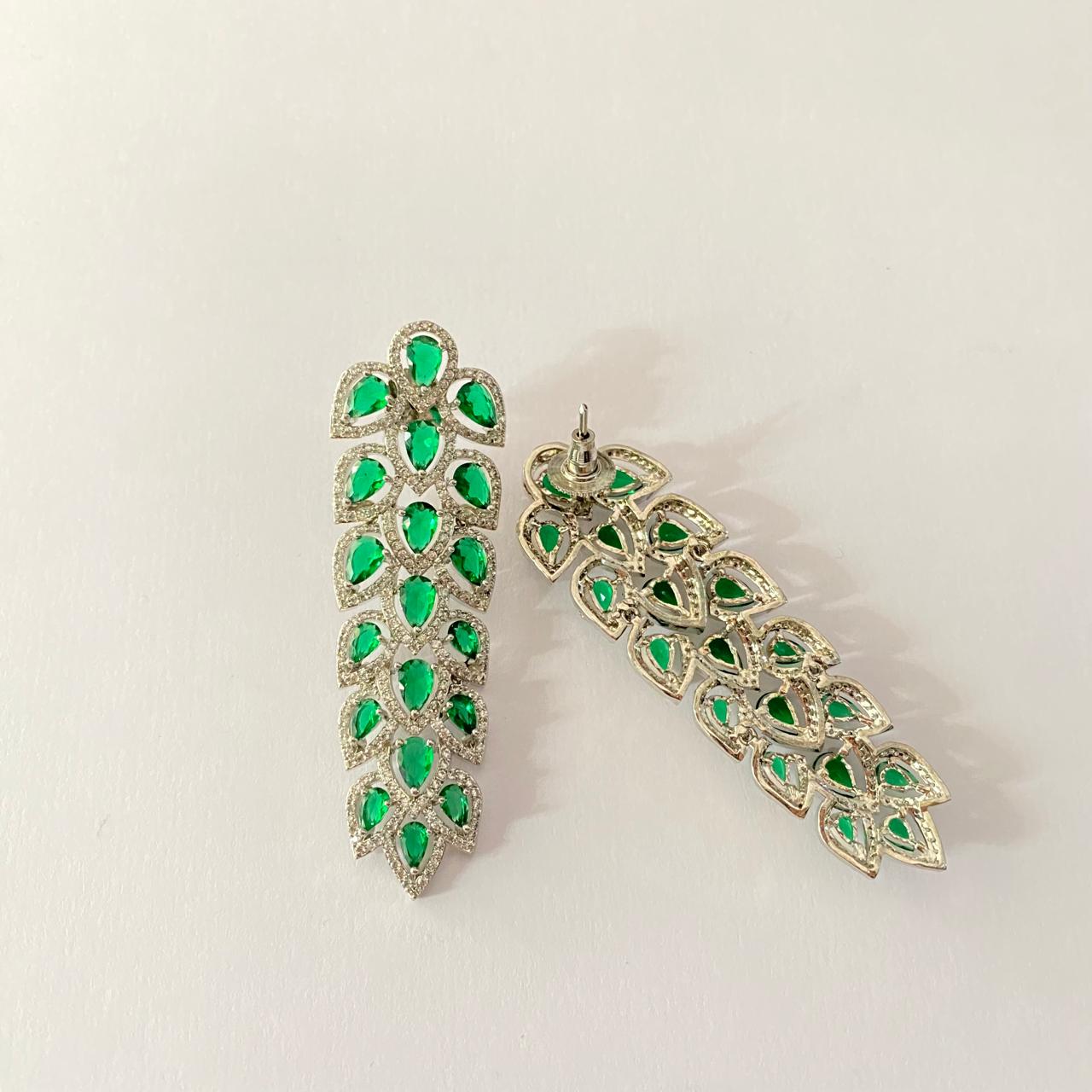 Diamond Emerald Silver Plated Classic Leaf Style Earring