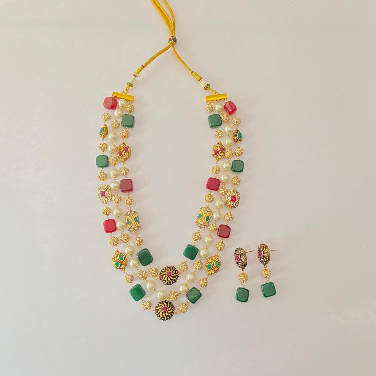 Emerald Ruby Three Layer with pearl string Necklace Set