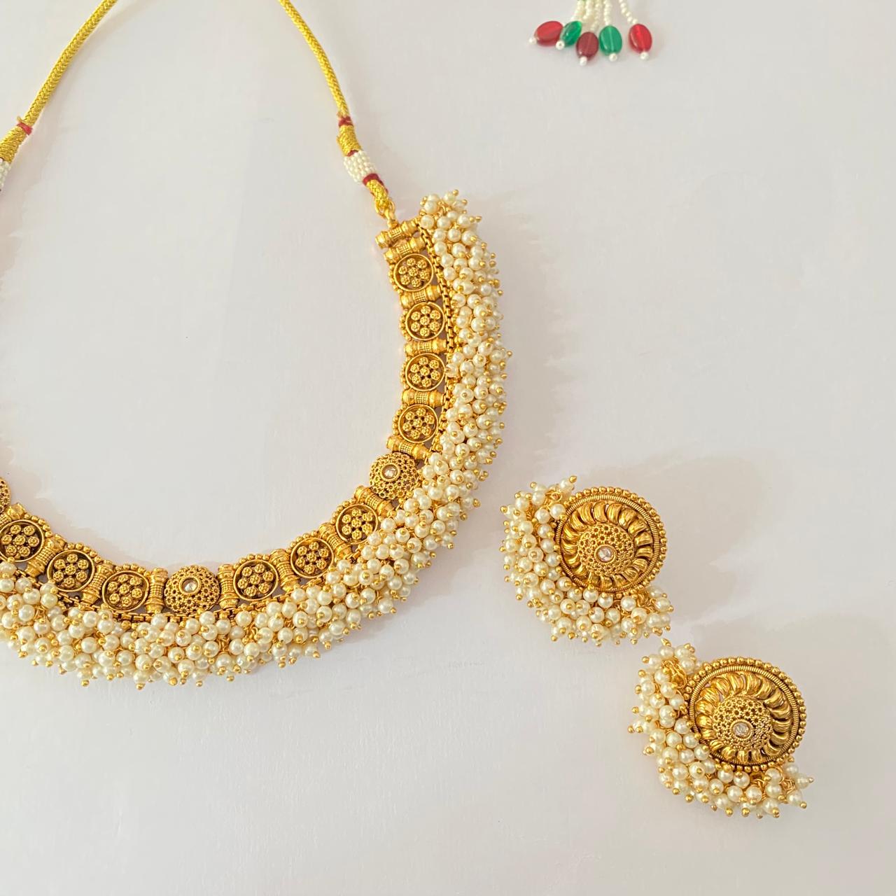 Antique Gold with White Beads Necklace Set