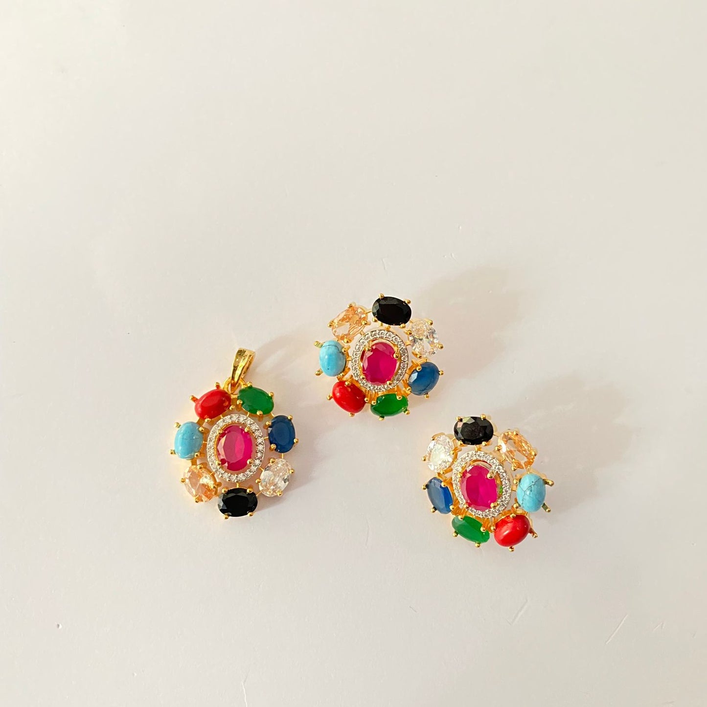 Gold Plated Navratan Pendant Set