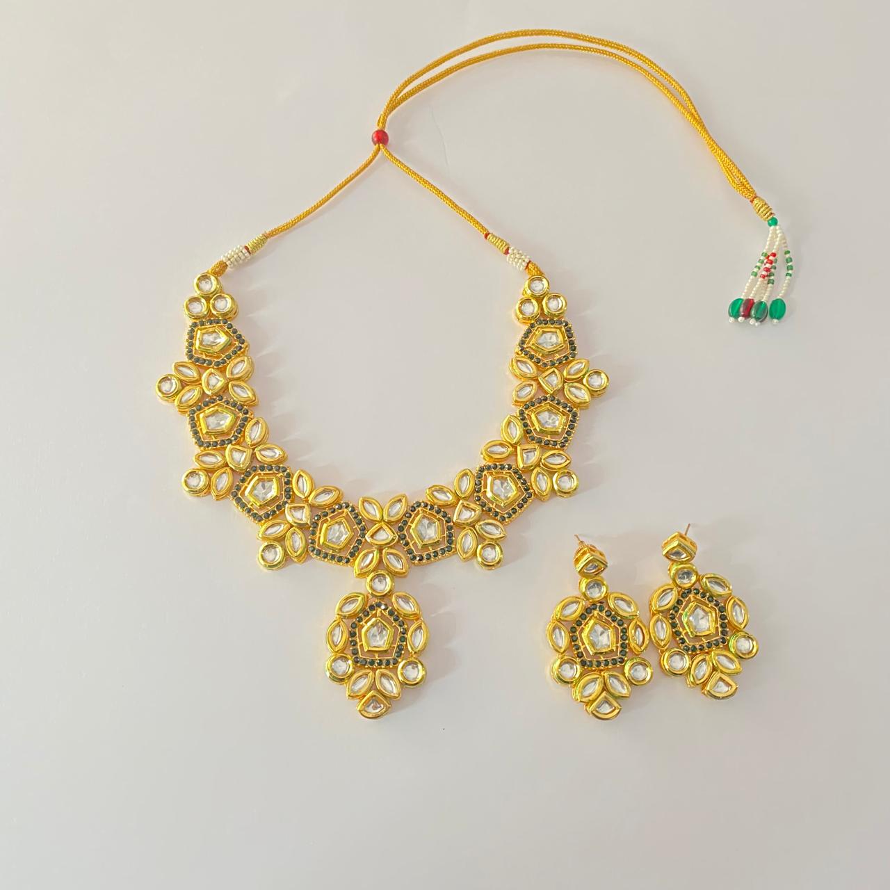 polki Gold plated with green shades necklace set