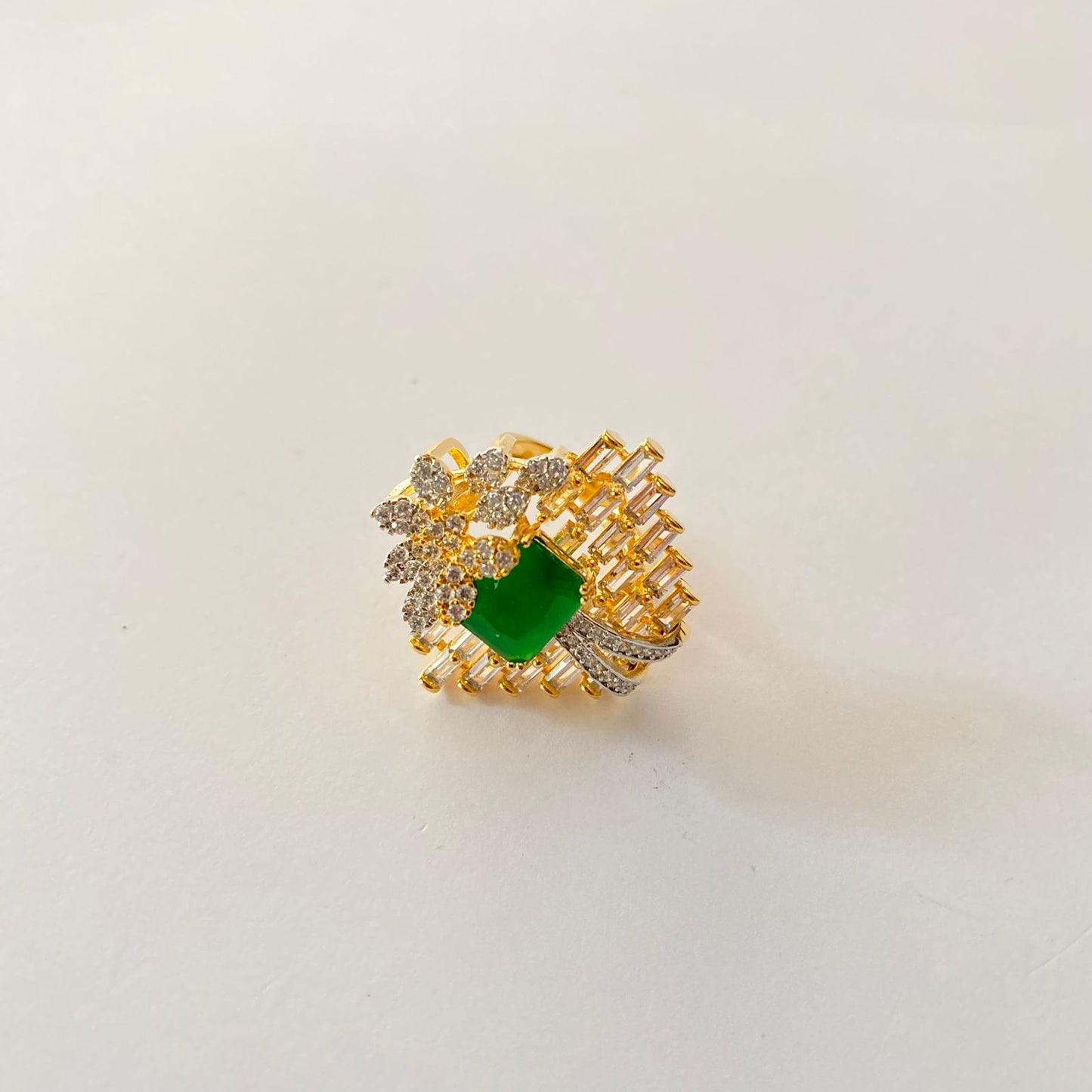 Floral Gold Plated A.D Emerald Studded Ring
