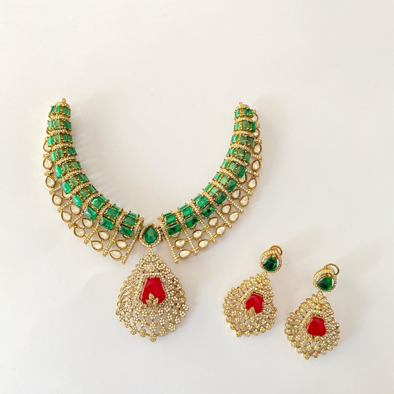Emerald with Ruby Antique Gold Plated Necklace Set