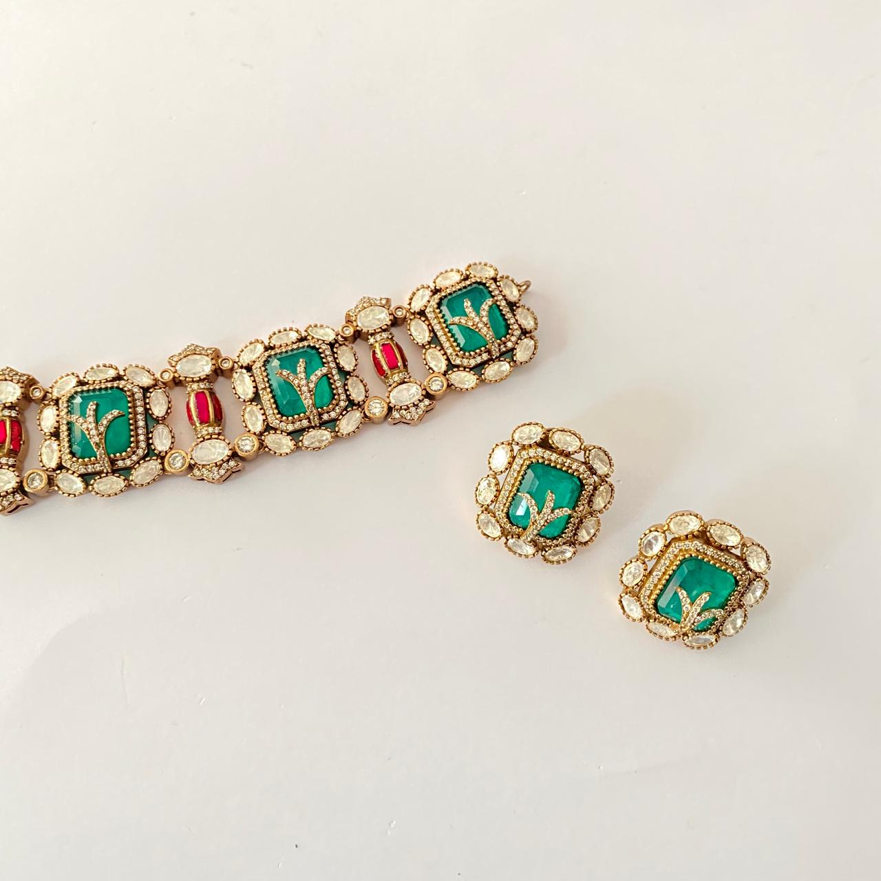 Emerald & Ruby Antique Gold Plated Chokar Set