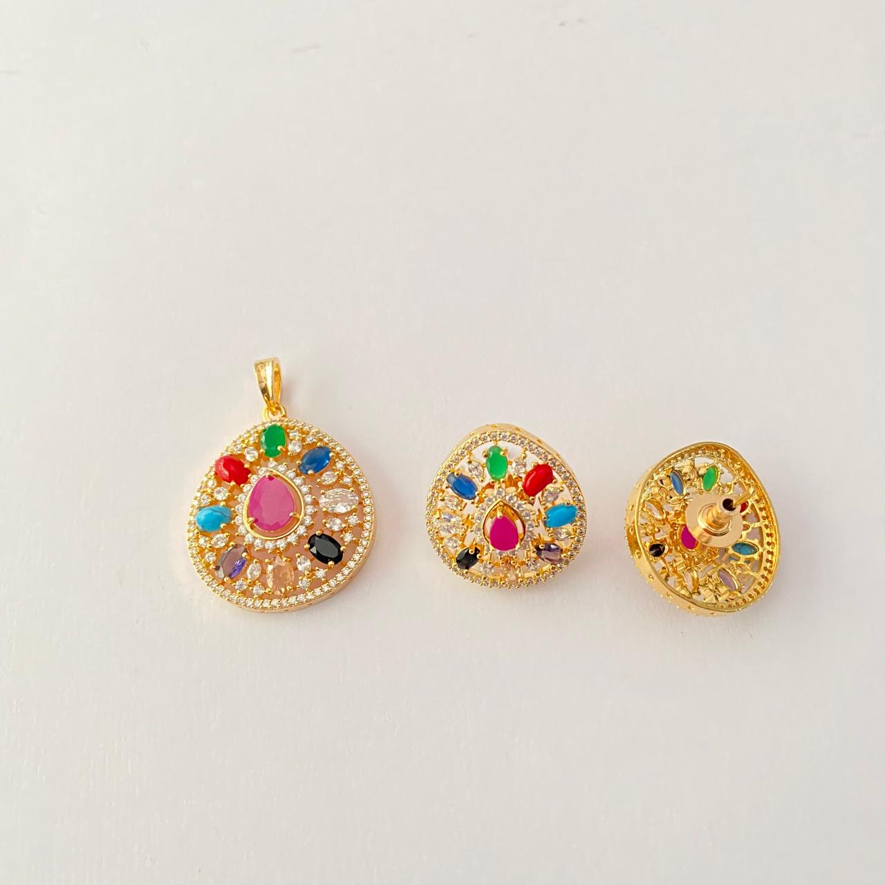 Gold Plated Navrattan in Leaf Shape Pendant Set