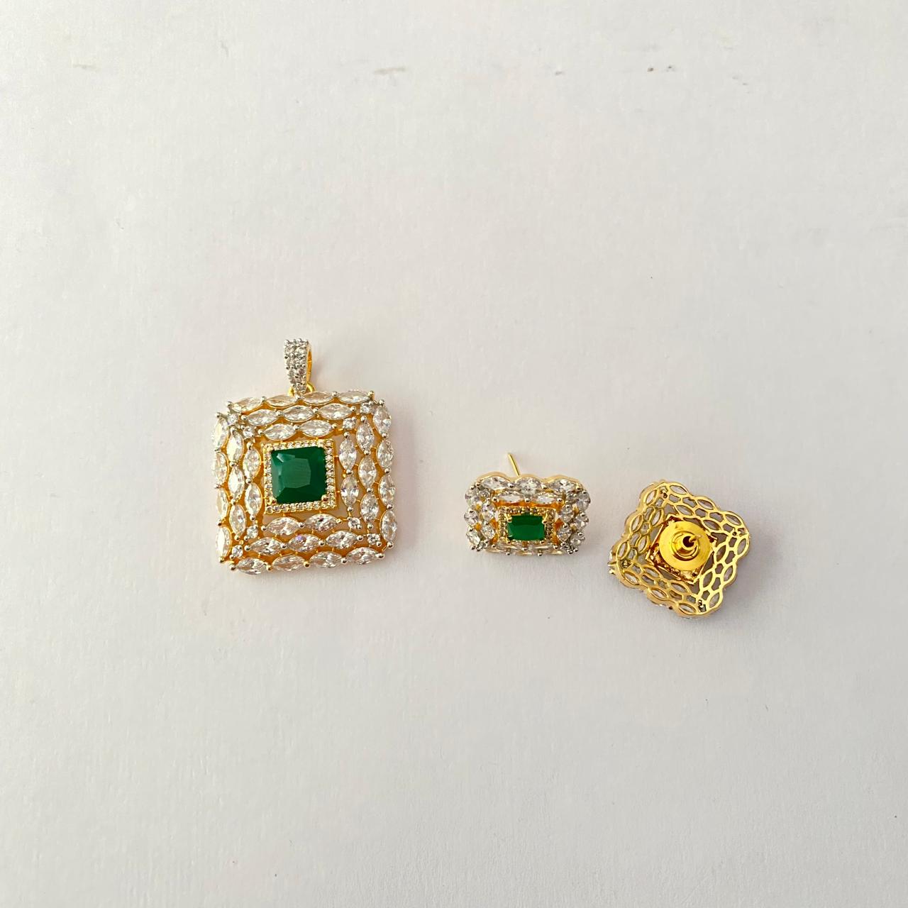 Emerald Gold Plated Diamond Pendant Set