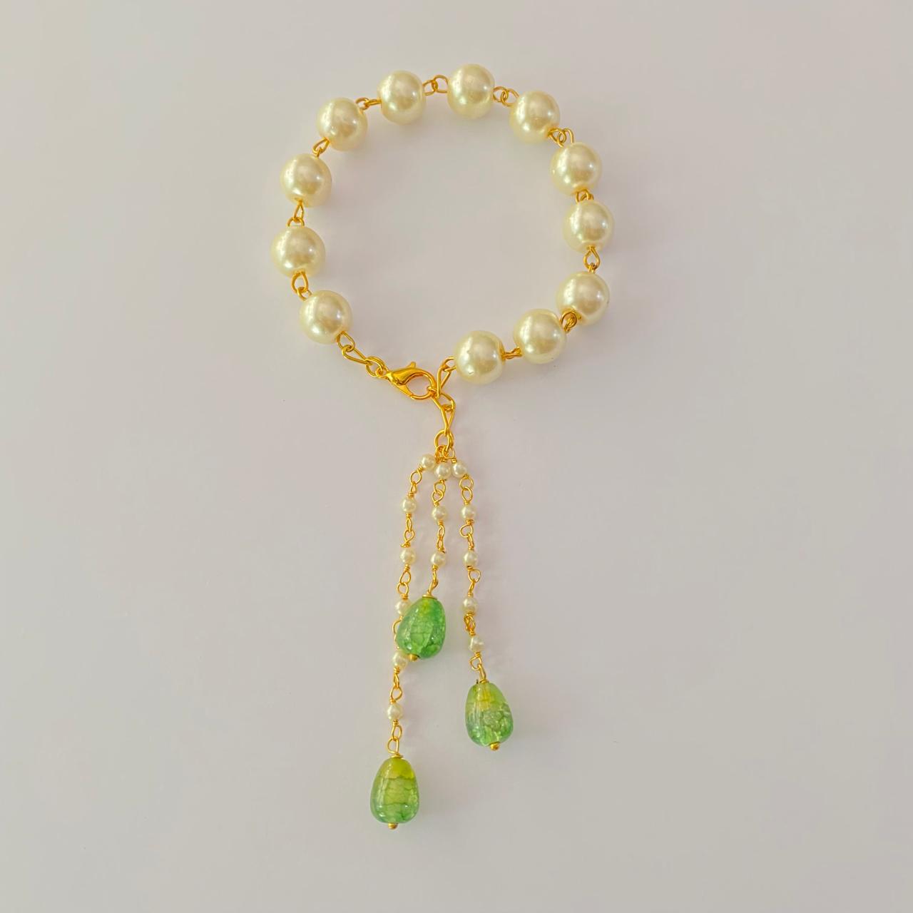 GOLD PLATED CHAIN PEARL WITH MINT GREEN LUMBA RAKHI FOR WOMEN