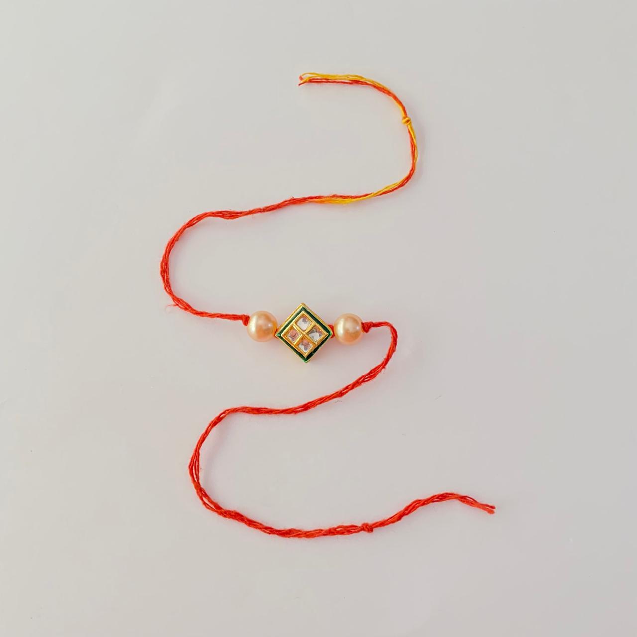 Center Square Cut Kundan with Off White Pearl Rakhi