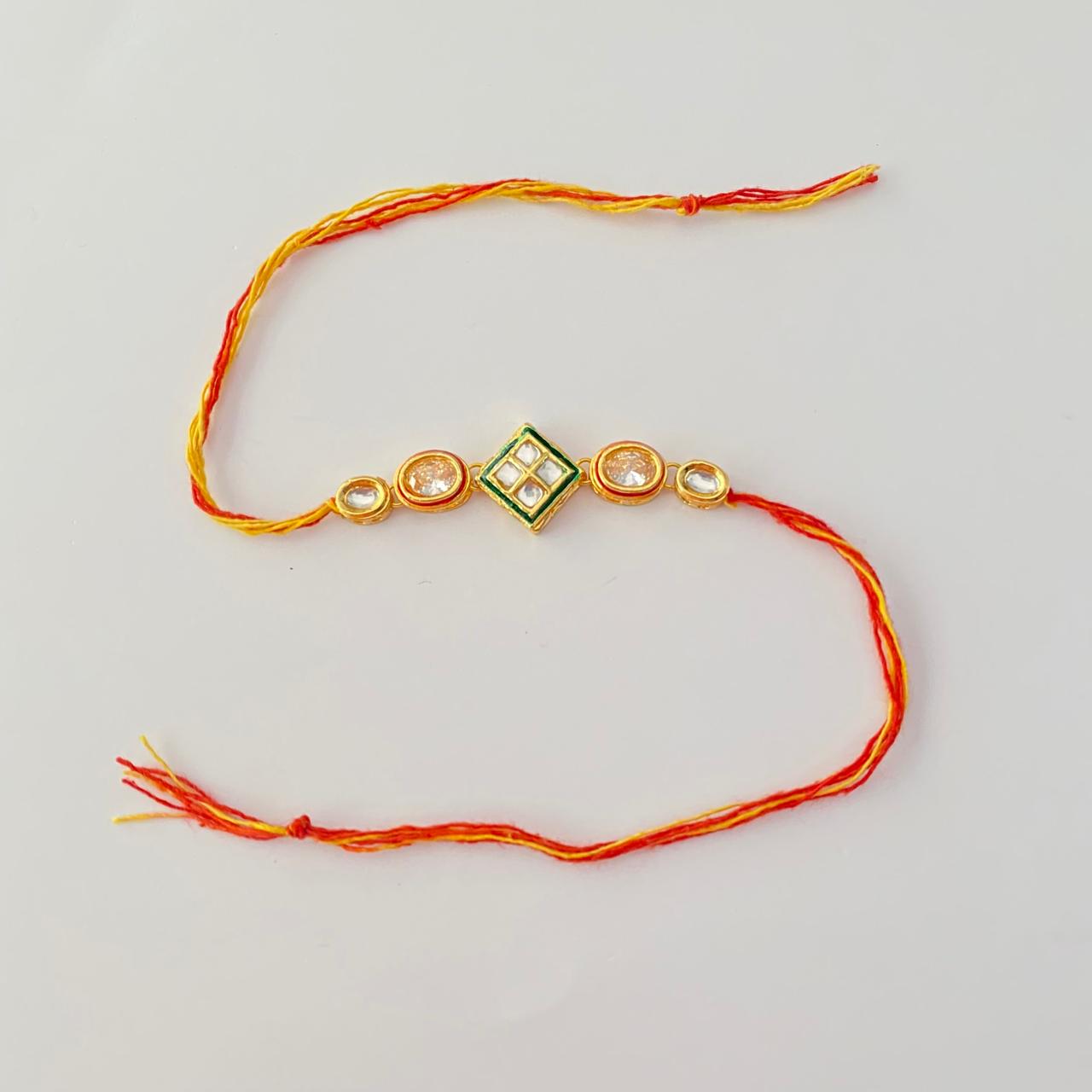 Square Shape Kundan with Oval Shape Kundan Gold Plated Rakhi