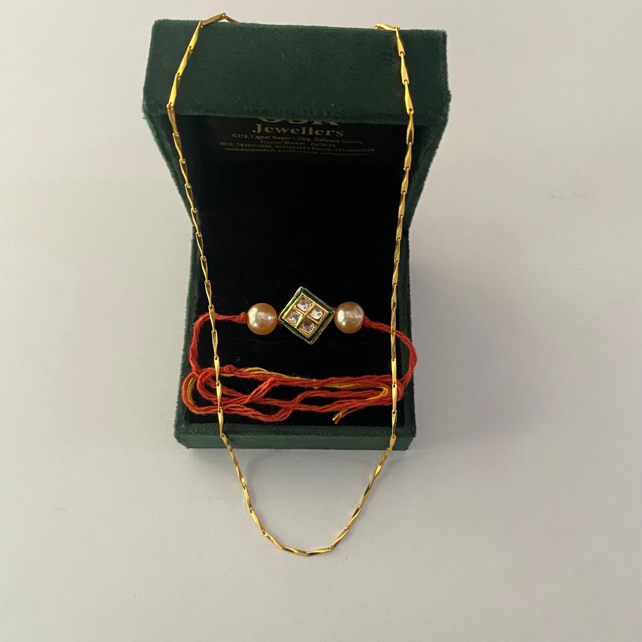 Center Square Cut Kundan with Off White Pearl Rakhi with chian combo pack