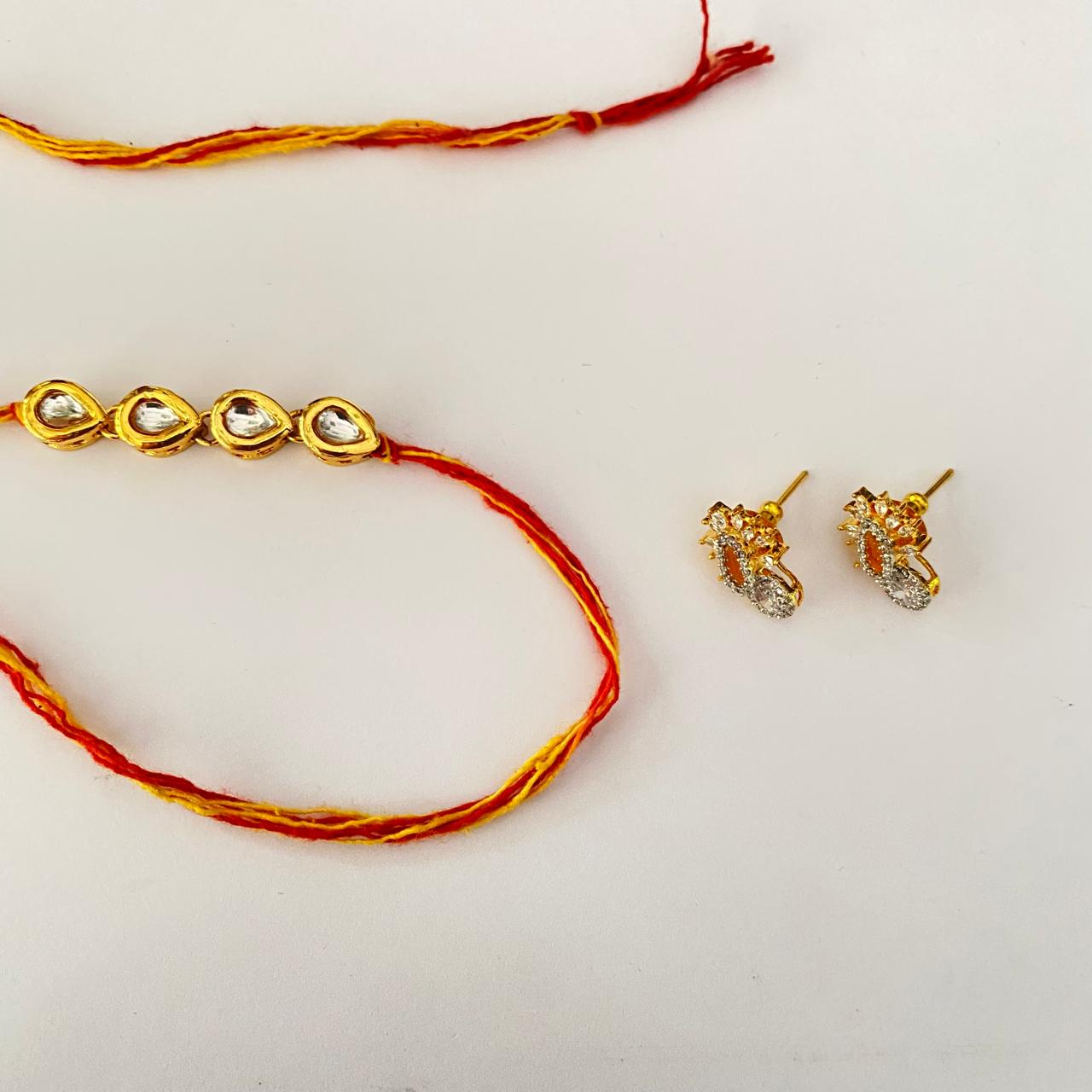 Four Teardrop Kundan Rakhi with Diamond Gold Plated Floral Stud Combo