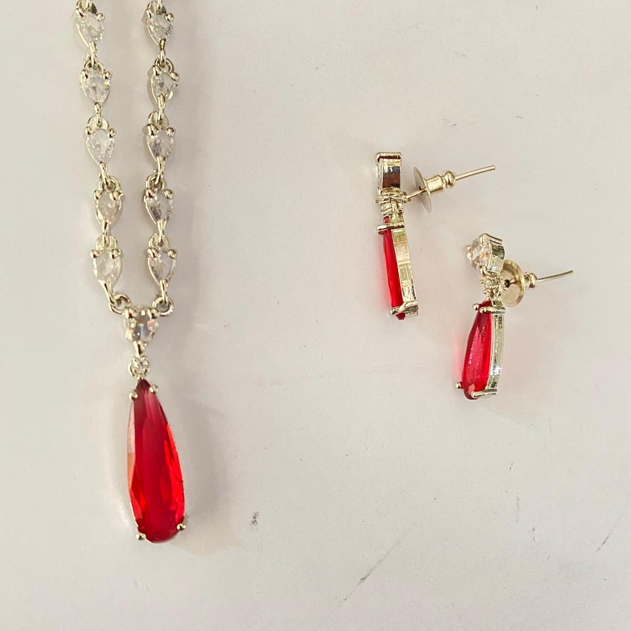 Four Teardrop Kundan Rakhi with Ruby Silver Plated Diamond Necklace Set Combo