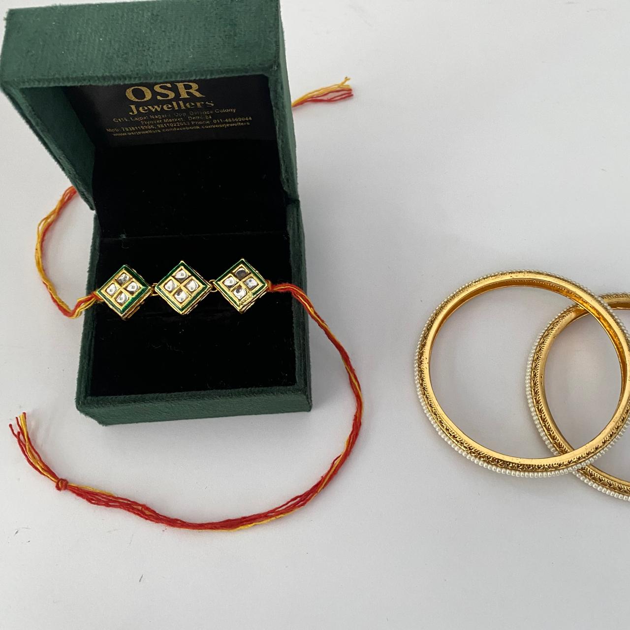Three Square Cut Kundan Rakhi with Gold Plated with Pearl Bangle