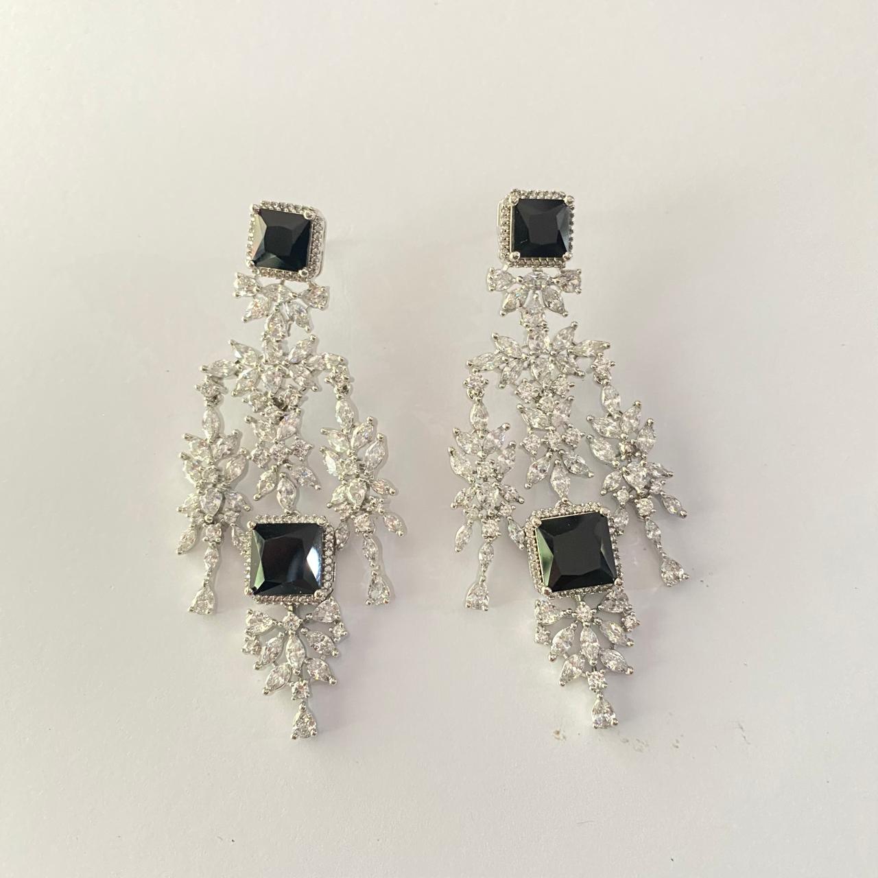 Black Stone Silver Plated Diamond Hanging Earring