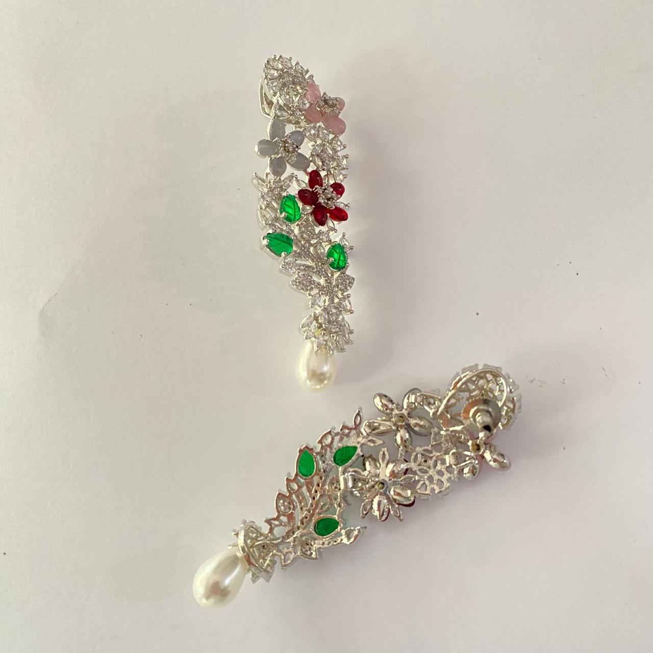 Silver Plated Diamond Multi Color with Pearl Earring