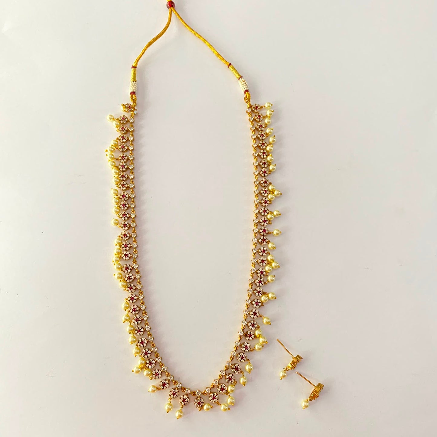 Antique Gold Pearl Sleek Diamond Long Necklace Set