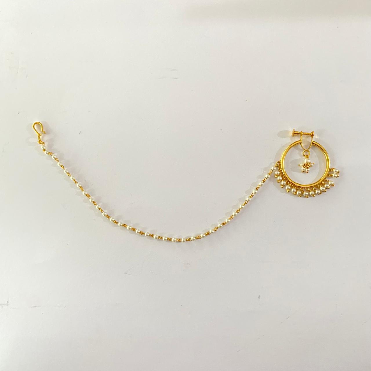 Gold Plated Pearl-Beaded Chain Nath