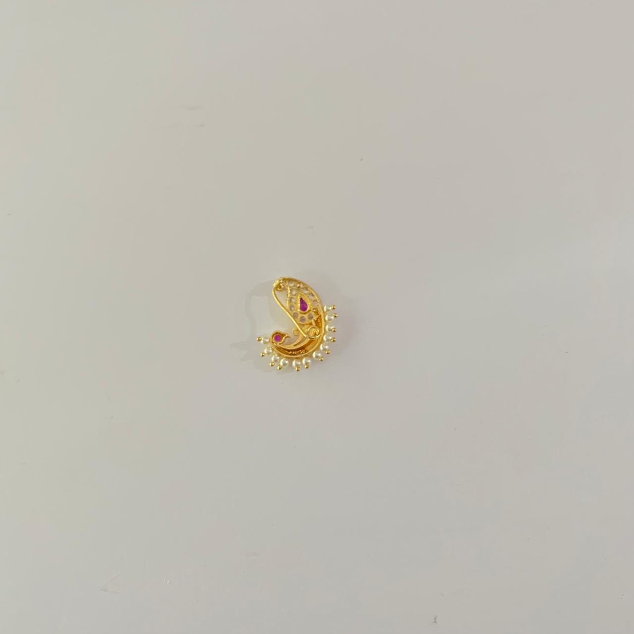 Pink Stone & Diamond Gold Plated Traditional Maharashtrian Nath