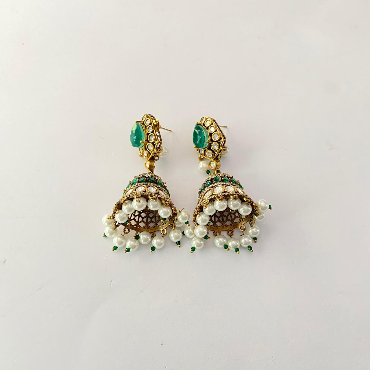 Emerald kundan with pearl jhumka latest design