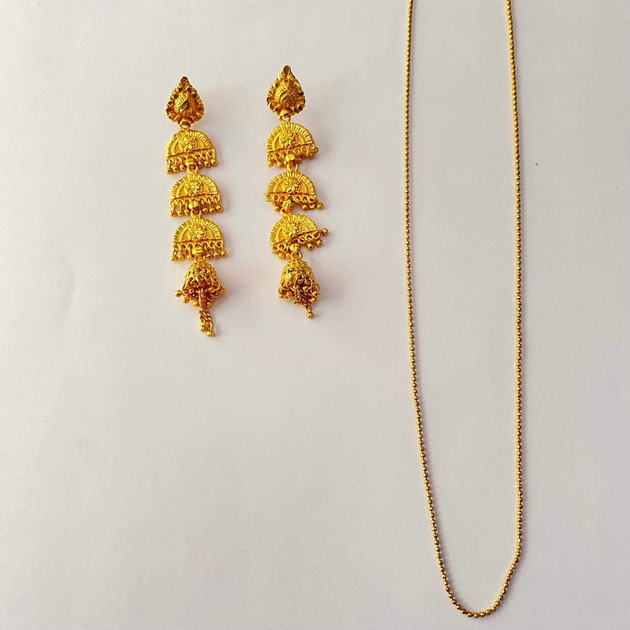 Gold Plated Layered Jhumka Earring with Gold Plated Beaded Chain